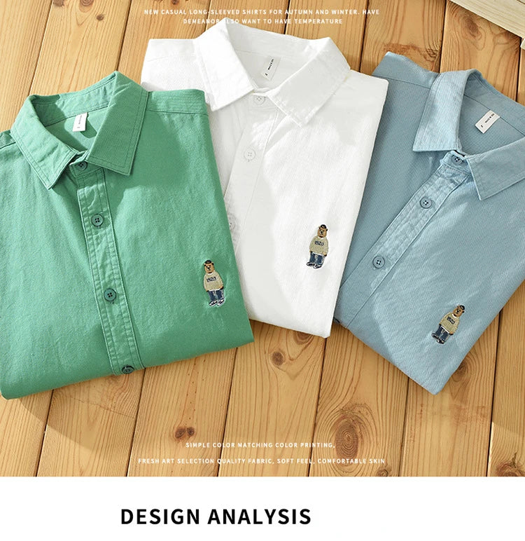 Voguable Spring and Autumn New Bear Embroidery Casual Long Sleeve Men Shirts 100% Cotton Solid Color Fashion Art Versatile Top voguable