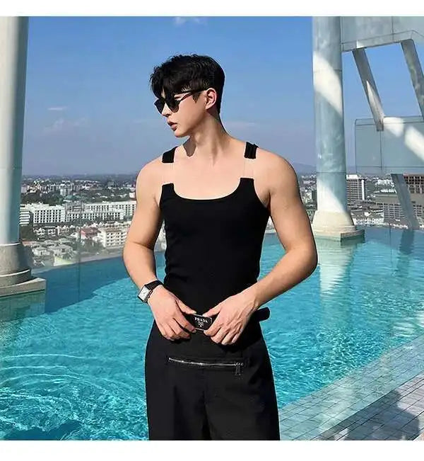 2025 New Fashion Male Vest Patchwork Personality Sleeveless Top Men's Solid Color Slim T-shirt Spring Trendy 9A8204 voguable