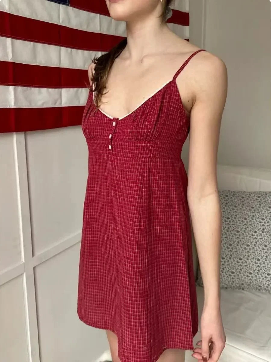 Voguable  Red Plaid V-neck Mini Summer Casual Dress Women Buttons Lace Trim A-line Sweet Short Vestidos Preppy Style Y2K Dresses voguable