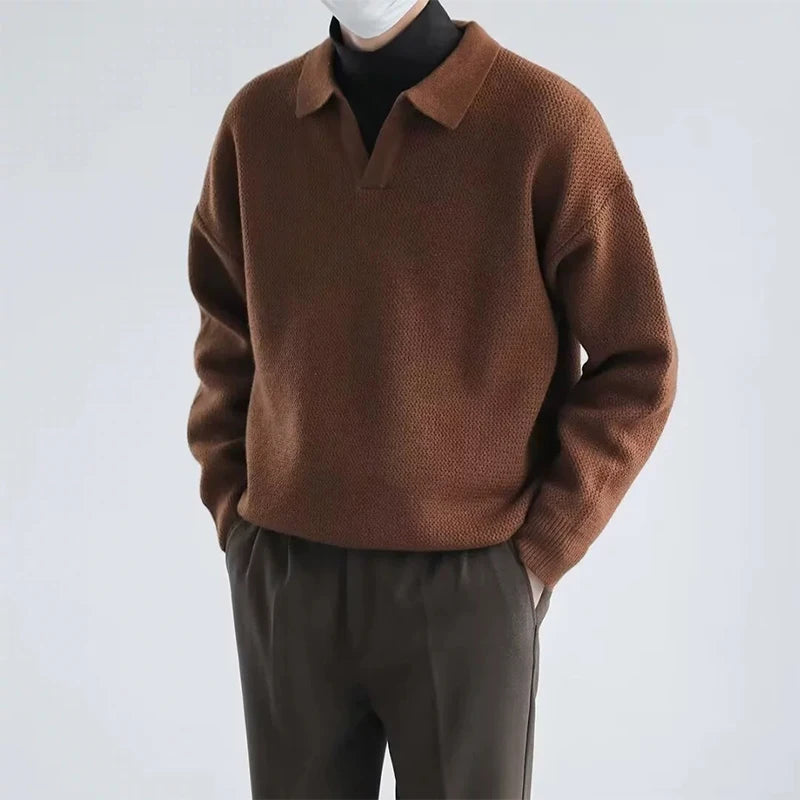 New American Chic Men Polo Sweater Luxury Trendy Business V Neck Knit Solid Color Pullover Leisure Slim-fit Long Sleeve Knitwear voguable