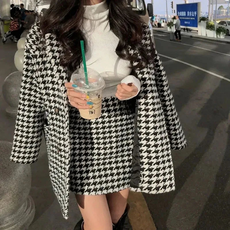 Voguable  Spring Autumn New Houndstooth Suit Women's Fashion Loose Double-Breasted Cotton Woolen Coat+High Waist Skirt Two-Piece Suit voguable