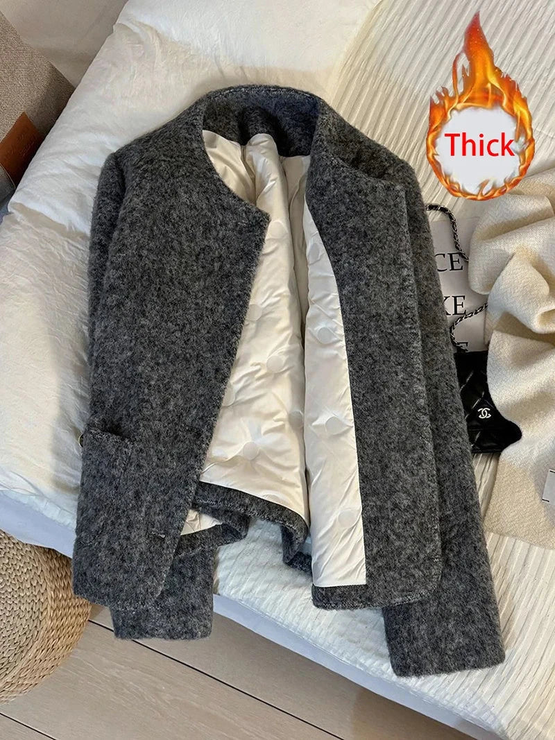 Vintage Faux Woolen Coat Women Warm Winter Thick Long Sleeve Gray Cotton Jacket Female Retro O Neck Pockets Casual Tops New voguable
