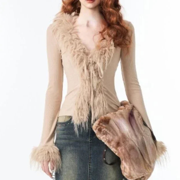 Y2k Aesthetic V-neck Jacket Women Korean Sexy Fashion Cardigan  Harajuku Vintage Bandage Fur Patchwork Coat 2024 Spring Chic voguable