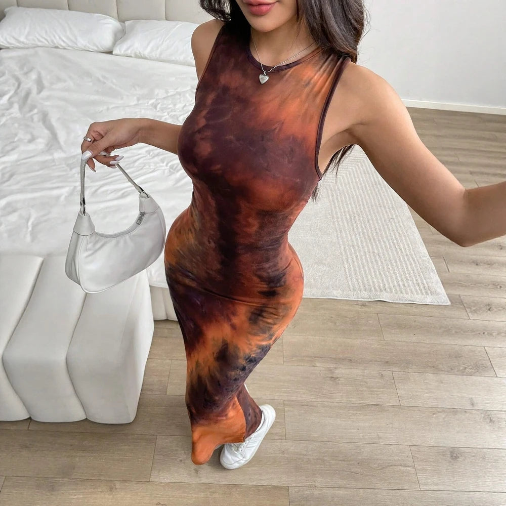 Women's Dresses Summer Elegant Decent 2025 Tie Dye Skinny Fit Sleeveless Round-Neck Wrap Maxi Wrap Party Dresses voguable
