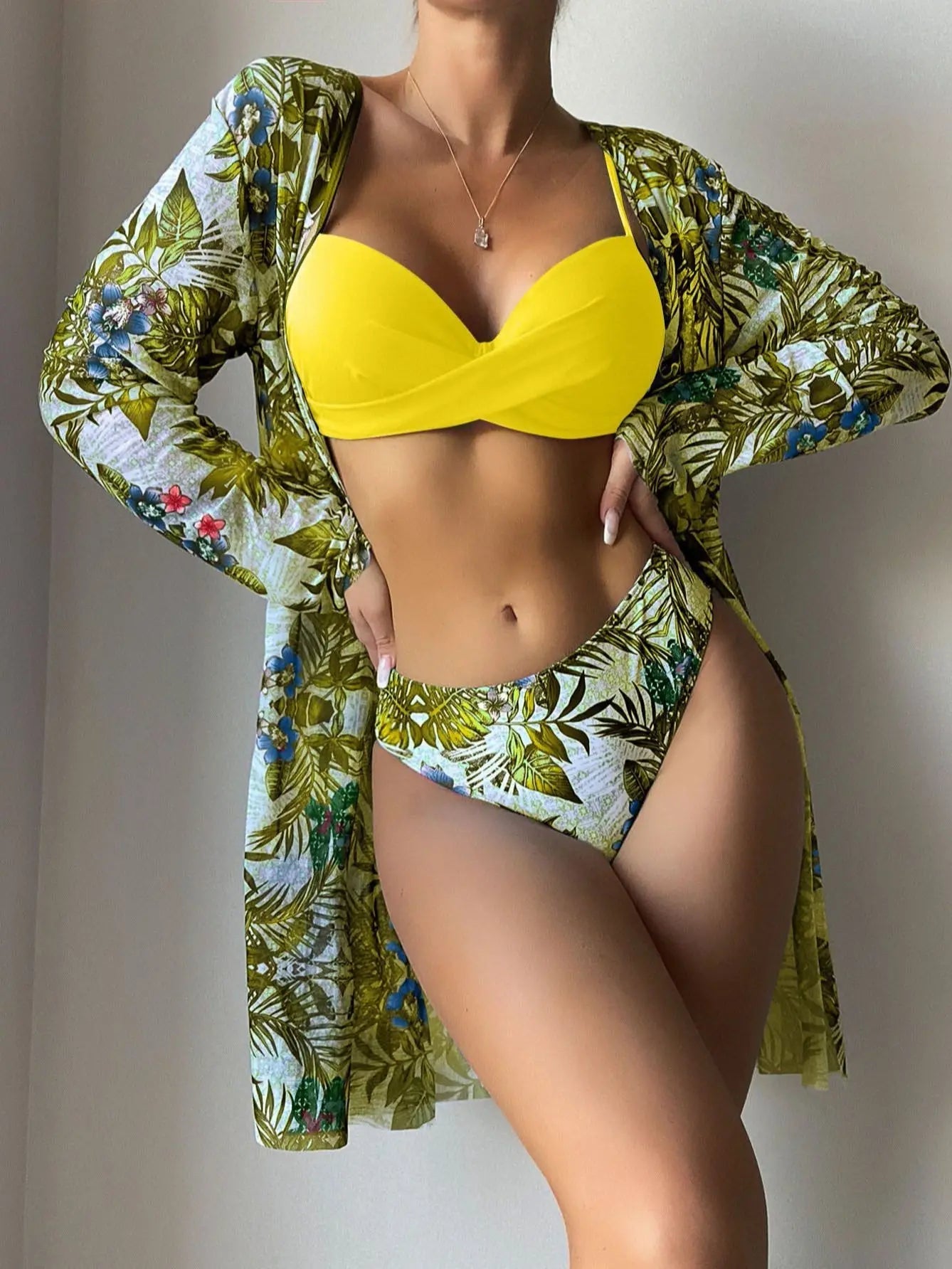 Voguable  Print Beach Cover Up And Bikini Set Sexy Swimwear Women Hollow Out Swimsuit High Waist Biquini Female Three Piece Beachwear voguable