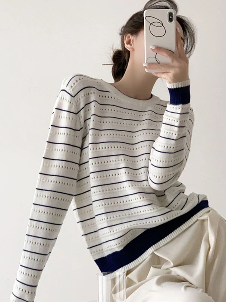 Vintage Elegant Striped Sweaters Women Loose O Neck Hollow Out Knitted Pullover French Retro Long Sleeve Casual Jumper Tops voguable