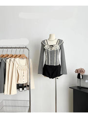 Autumn Women French Vintage Aesthetic Long Sleeve T-Shirts Mori Girl Lace Coquette Square Collar Crop Tops Maillard Fairy Core voguable