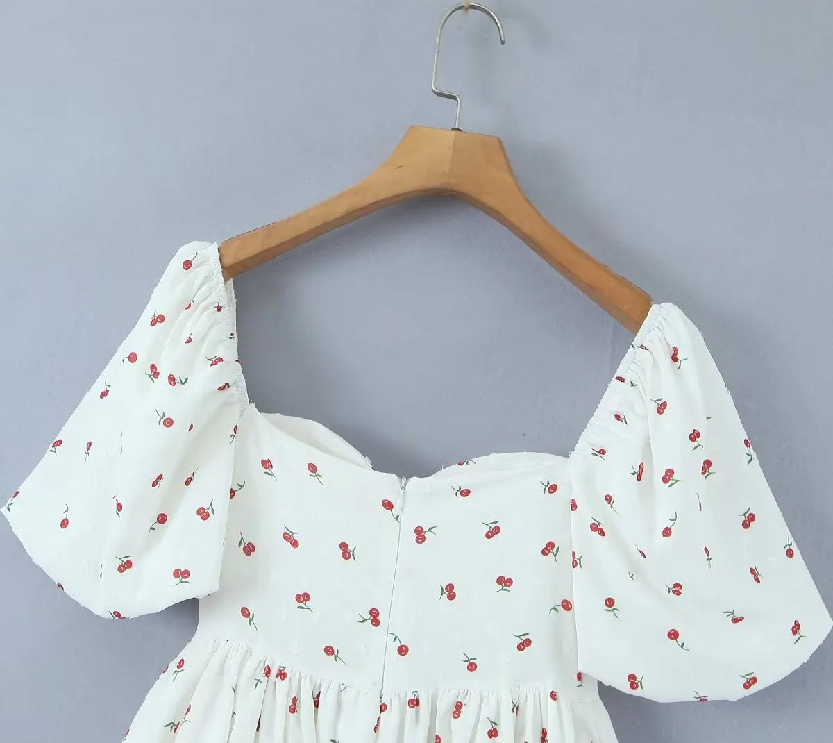 Voguable  Summer Sexy Corset Style Fruit Cherry Print Mini Dress White Retro Women Slim Waist Ruffles Hem Lantern Sleeve Cake Robe voguable