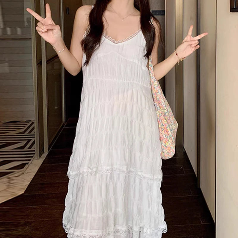 Voguable White Lace-up Midi Dresses Sweet Gentle Ruffle Casual Loose Mesh Backless Sleeveless Vacation Summer Women Long Dresses voguable