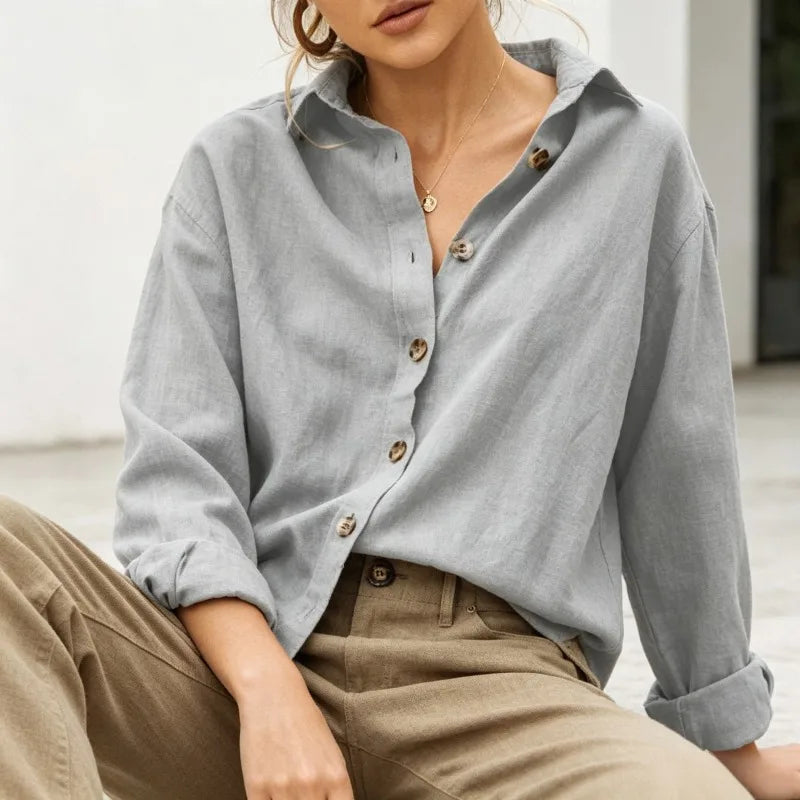 Voguable  Fashion Solid Color Loose Fit Simple Versatile Casual Women's Shirt Turn-dowen Collar Button Lightweight Long Sleeved Shirt New voguable