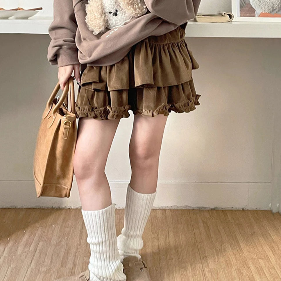 Voguable 90s Winter Ruffle Brown Kawaii Lolita Pleated Skirt Women Fairy Y2k Mini Skirt Female Korean Fashion Cute Mini Cake Casual Skirt voguable