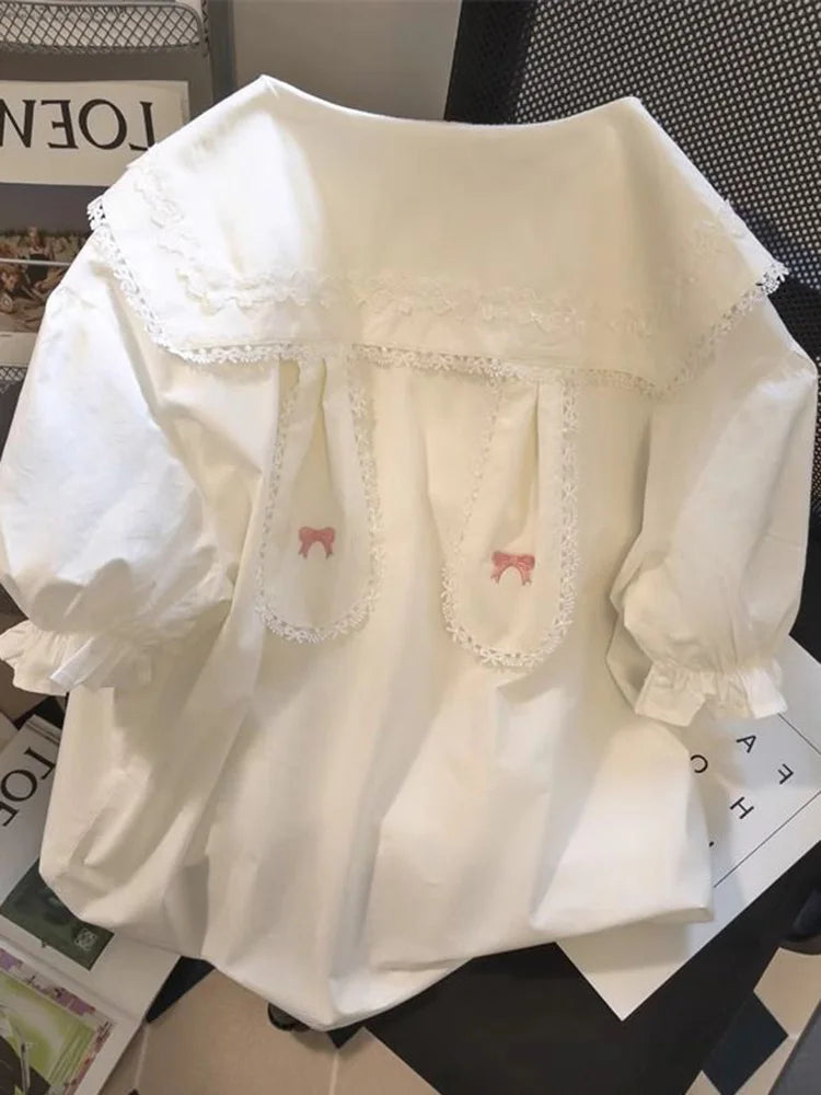 Cute Rabbit Ears White Shirt Women Casual Loose Short Sleeve Kawaii Blouse Vintage Peter Pan Collar Sweet Lady Japan Tops voguable