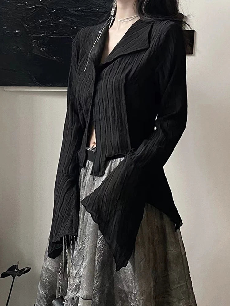 Voguable  Gothic Harajuku Black Shirt Women Vintage Long Sleeve Y2K Blouse Casual American Retro Irregular V Neck Loose Tops Spring voguable