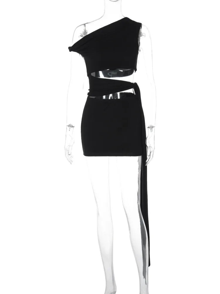 Hollow Out Oblique Shoulder Sexy Mini Dress For Women Robe Summer Black Sleeveless Backless Draped Skinny Club Dress voguable