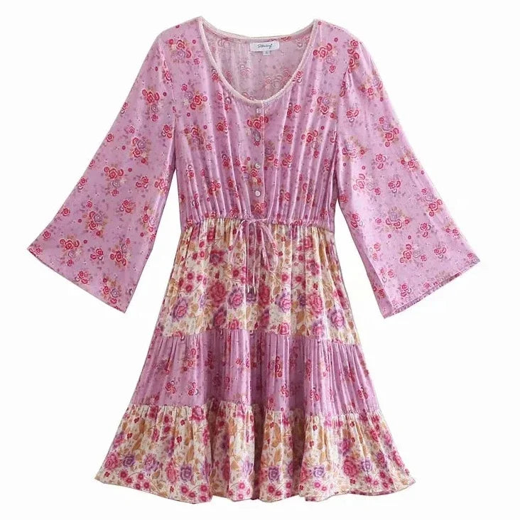 Voguable Floral Vintage Mini Dress Pink Holiday Boho Women Dress  Flare Sleeve Summer Holiday Ladies Female Sexy Dresses voguable