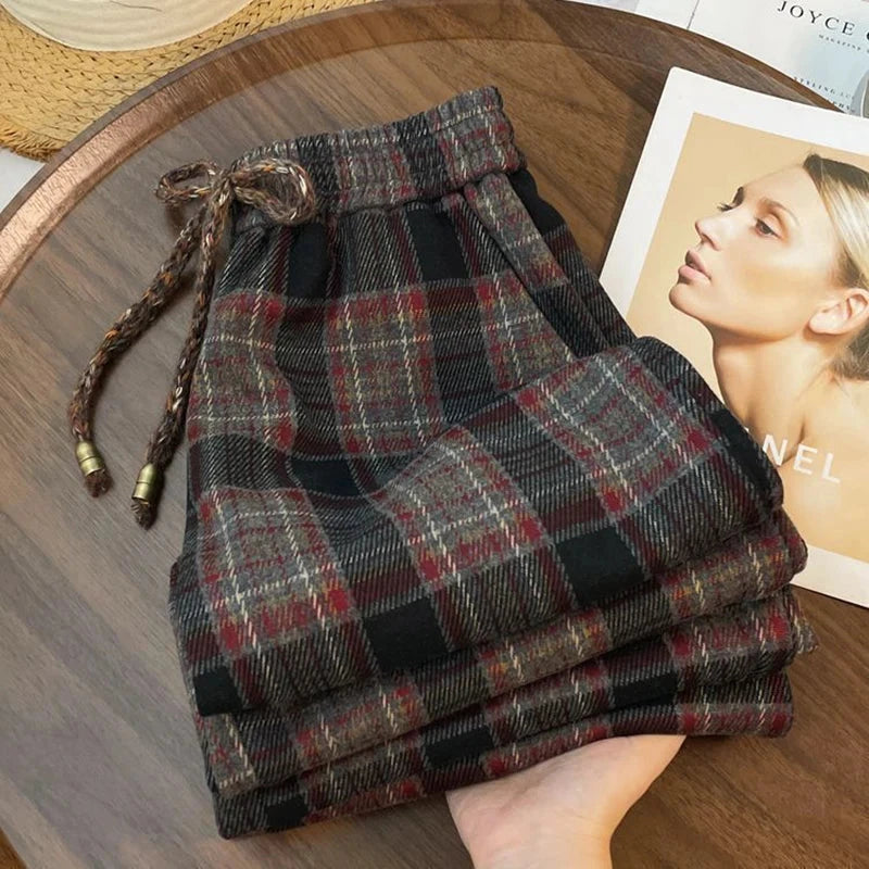 Retro Streetwear Plaid Pants Women Lace Up Loose Hip Hop Straight Trousers High Waist Casual Vintage Harajuku Bf Wide Leg Pant voguable