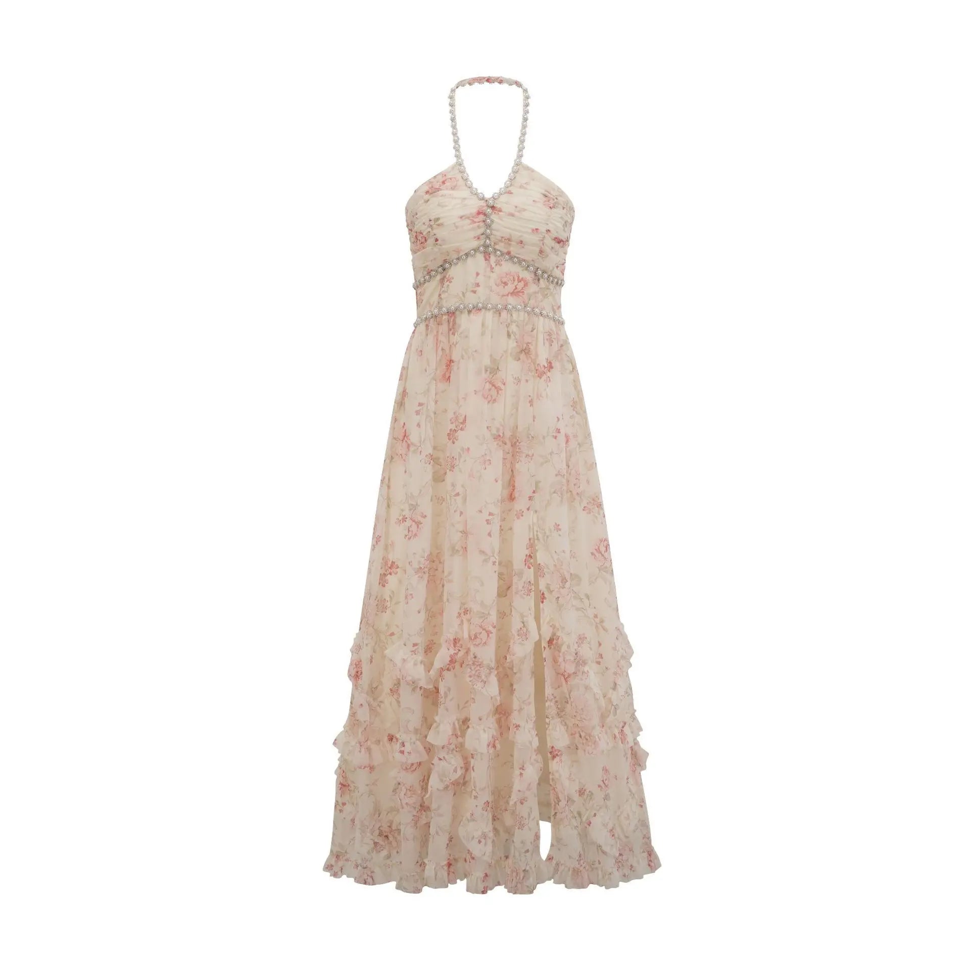 Fashion Purple Floral Pearl Studded Diamonds Dress Women's Halter Slim Fit Ankle-length Dresses Summer New 3A103 voguable