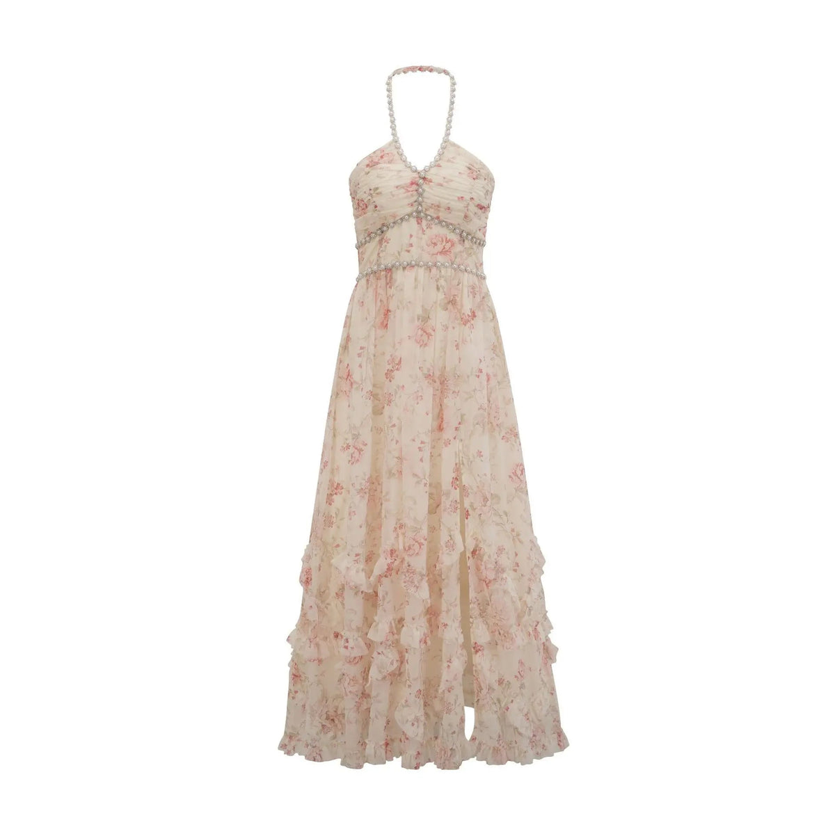 Fashion Purple Floral Pearl Studded Diamonds Dress Women's Halter Slim Fit Ankle-length Dresses Summer New 3A103 voguable