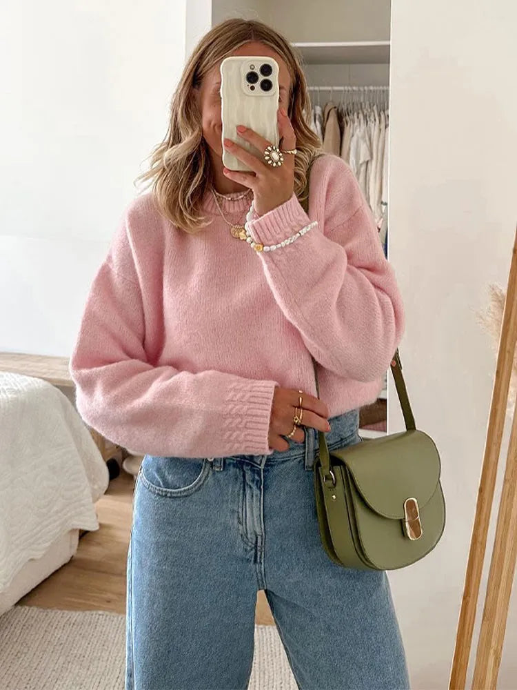Solid Knit O-neck Elegant Women Pullover Long Sleeve Oversized Loose Soft Warm Sweater  Autumn Chic Casual Office Knitwears voguable