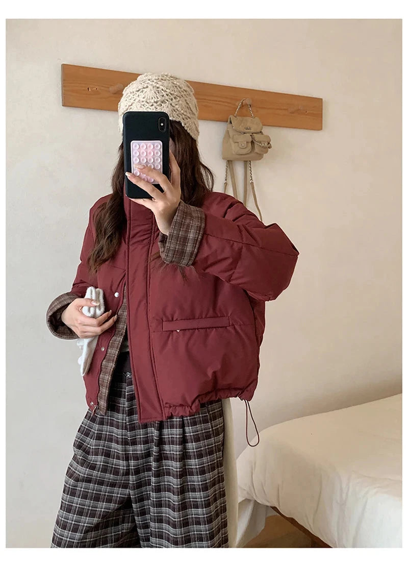 Winter Retro Puffy Parkas Women Warm Thick Plaid Patchwork Cute Coat Casual Preppy Style Korean Long Sleeve Cotton Jackets voguable