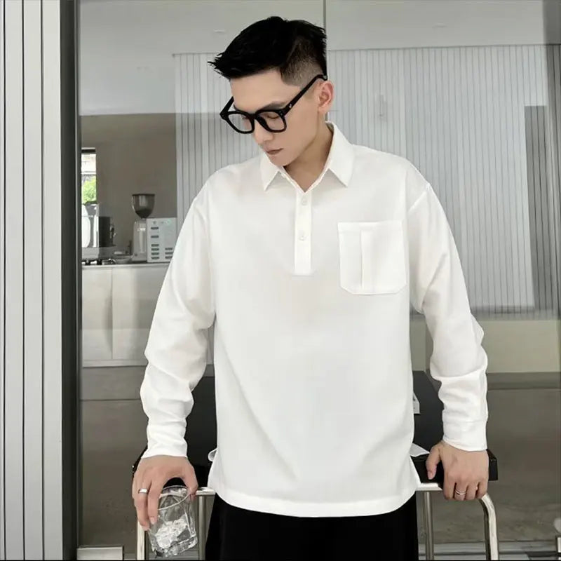 Elegant Fashion Harajuku Slim Fit Blusa Solid Button Pockets Thin Style Long Sleeve POLO Shirt Casual All Match Male Clothes voguable