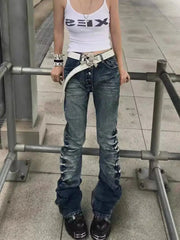 Voguable  American Retro Vintage Denim Pants Mid Rise Multi Button Front Ruched Leg Slim Bootcut Y2K Daily Streetwear Bottoms Streetwear voguable