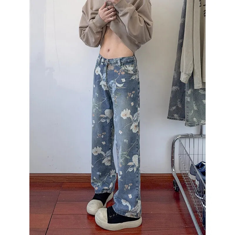 Flower Jeans Men Fashion Retro Printed Jeans Men Streetwear Hip-hop Loose Straight Jeans Men Baggy Vintage Denim Trousers voguable