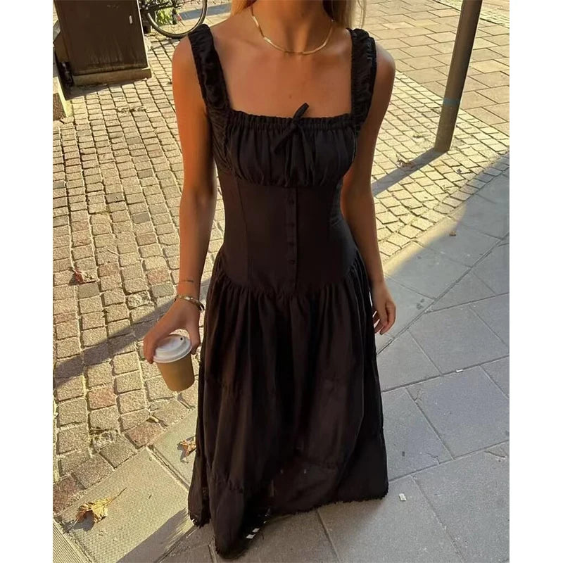 YENKYE Women Sexy Ruched Chest Corset Style Sling Long Dress Low Waist Sleeveless Female Holiday Summer Robe voguable
