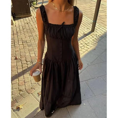 YENKYE Women Sexy Ruched Chest Corset Style Sling Long Dress Low Waist Sleeveless Female Holiday Summer Robe voguable