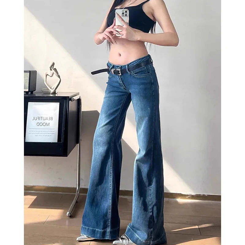 Voguable  Sexy Slim Fit Low Rise Jeans Women Y2K Street Style Straight Leg Flare Pants Woman American Vintage Dark Blue Denim Long Jeans voguable