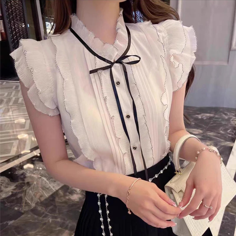 Voguable  Summer Ruffles Tops Stand collar Sleeveless Women blouse shirt Patchwork Lace Up Chiffon Tops voguable