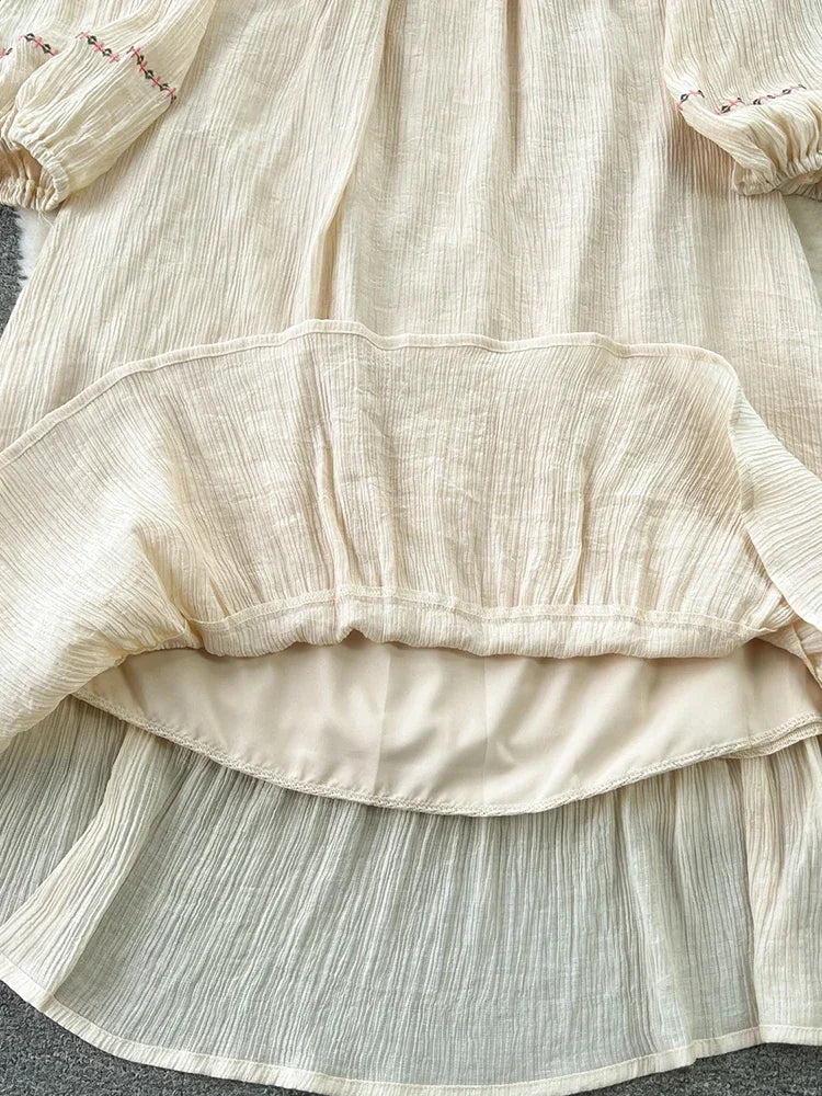 New Spring Summer Women Ethnic Style Retro Embroidered Mid Length Ruffle Edge Dress with Bubble Sleeves Bohemian Dress A38 voguable
