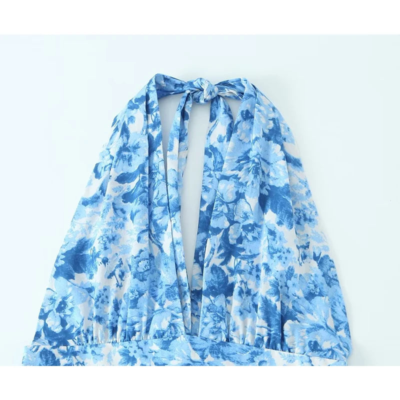 Voguable  Women Sexy Backless Halter Blue Floral  Print Midi Dresses Sleeveless Female Holiday Summer Dresses voguable