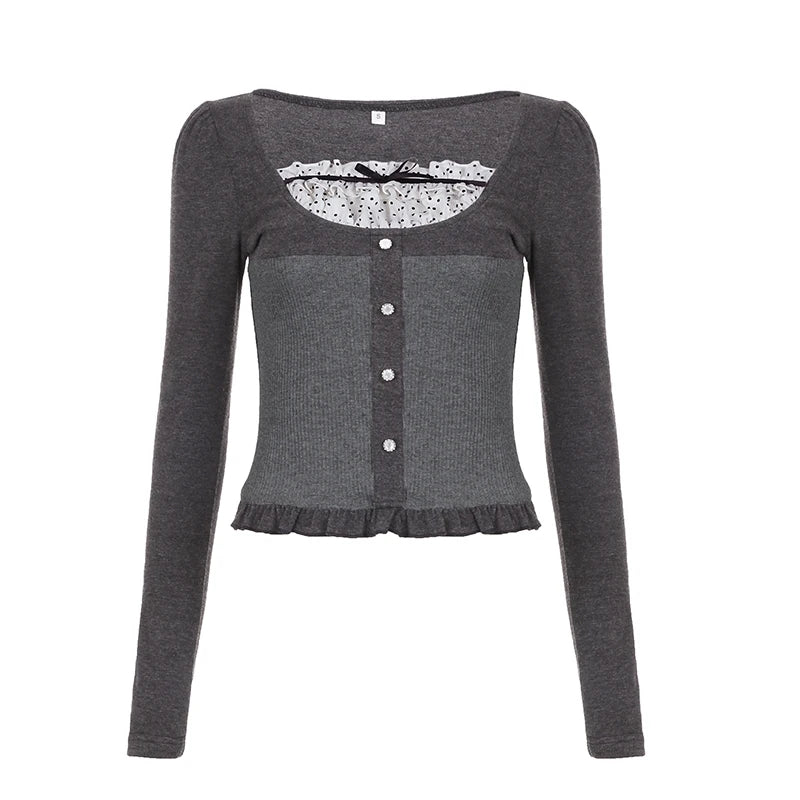 Voguable  Y2K Polka Dot Print Contrast Patchwork Knitted Tops Grey Autumn Spring Cute Bow T-shirts Slim-fit Long Sleeve Knitwear voguable