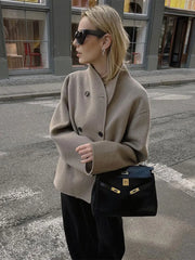 Women's Woolen Coats Loose Casual Retro Double Breasted Stand Collar Short Jacket Office Lady Outerwear Autumn Winter 2024 voguable