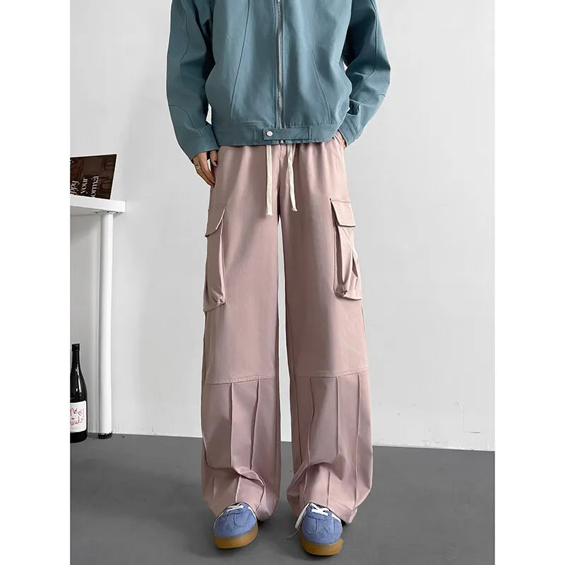 Spring Unisex Loose Wide Leg Cargo Pants Elastic Waist Side Pocket Workwear Casual Wear Trendy Men Women Outdoor Comfort Pleats voguable