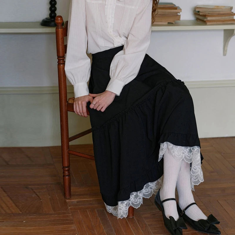 Japanese Style Long Skirt Women Vintage Harajuku Gothic Black Skirts Elegant Lace Patchwork Autumn Winter A-line Skirt voguable