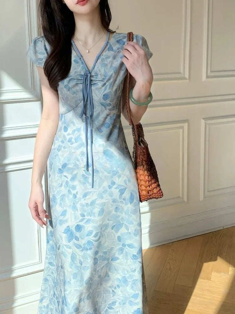 Sweet Blue Print Long Dress Women Slim Vintage V Neck Elegant Dress Casual French Retro Lace Up Female Soft Vestidos New voguable