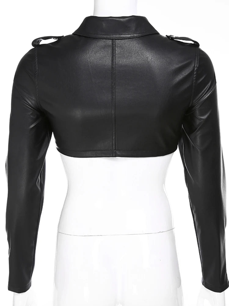 Voguable  Black PU Leather Crop Jacket Street Wear Punk Style Women Coats Long Sleeve Turn-Down Zipper Short Jacket Fashion voguable