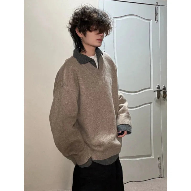 Winter Lapel Sweater Men Warm Fashion Casual Knitted Pullover Men Korean Loose Long Sleeved Sweater Mens Jumper Clothes M-2XL voguable