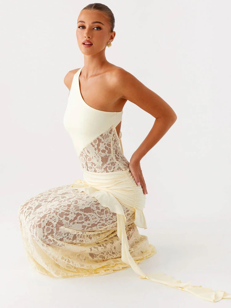 One Shoulder Backless Sexy Maxi Dress Women Lace Patchwork Fashion Sleeveless Lace-up Draped Ruffle Club Long Dress voguable