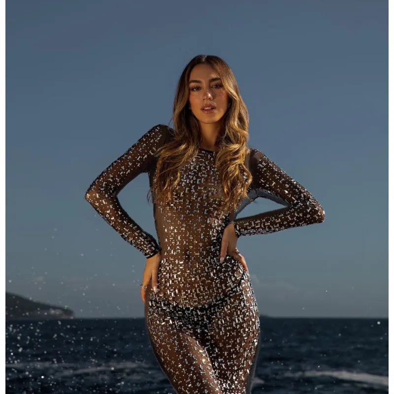Tossy Glitter Female Cover up Maxi Dress Mesh See-Through Split Fashion Long Sleeve Slim Sexy Beach Cover up Dress For Women voguable