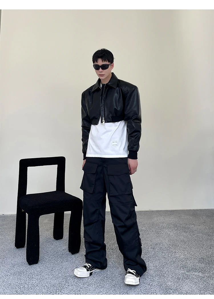 Spring Autumn Cropped Pu Leather Jacket Men Long Sleeve Zipper Luxury Designer Clothes Runway European Fashion voguable