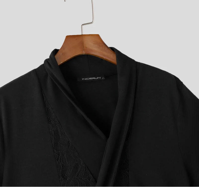Men Shirt Lace Patchwork V Neck Short Sleeve Transparent Male Tops Streetwear Lace Up Sexy Shirts 2025 Men Clothing voguable