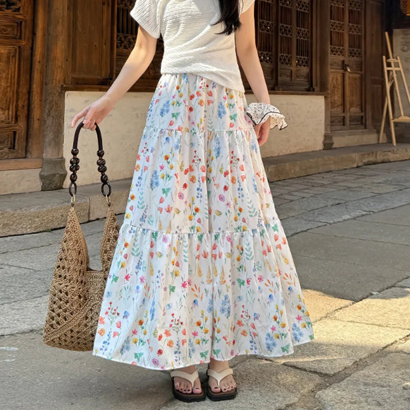 Voguable  Sweet Floral A-line Long Skirt for Woman Summer Elegant High Waisted Ruffle Hem Skirts Women All Match Spliceing Midi Cake Skirt voguable