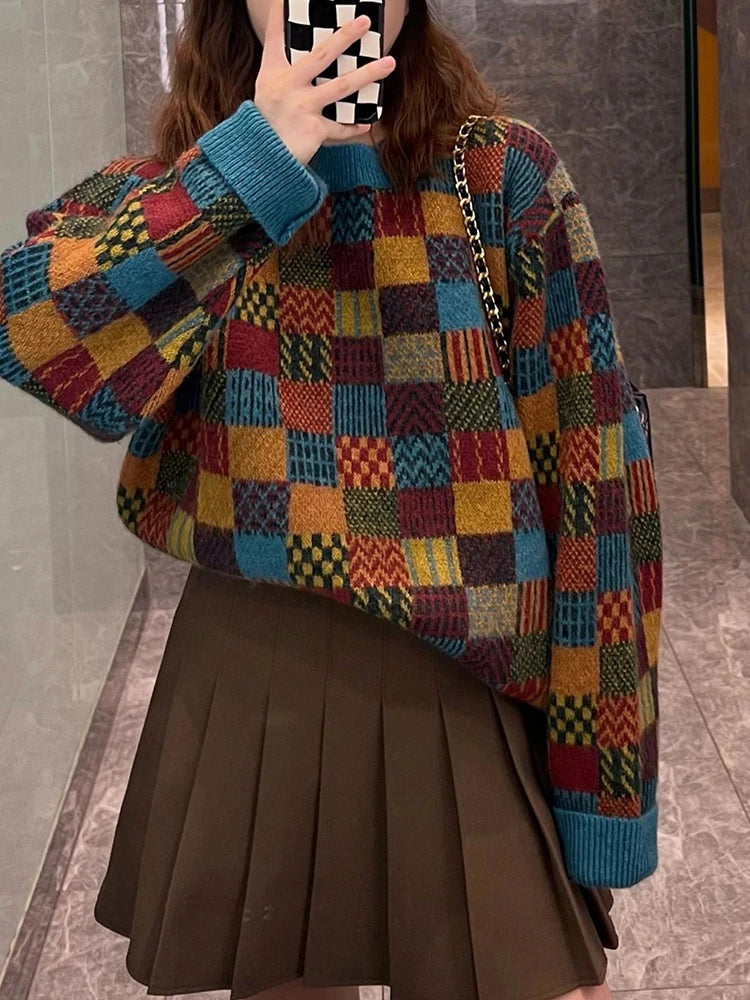 Voguable  Retro Harajuku Japan Plaid Sweater Women Streetwear Loose Knitted Tops Casual Loose O Neck Long Sleeve Bf Simple Pullover voguable