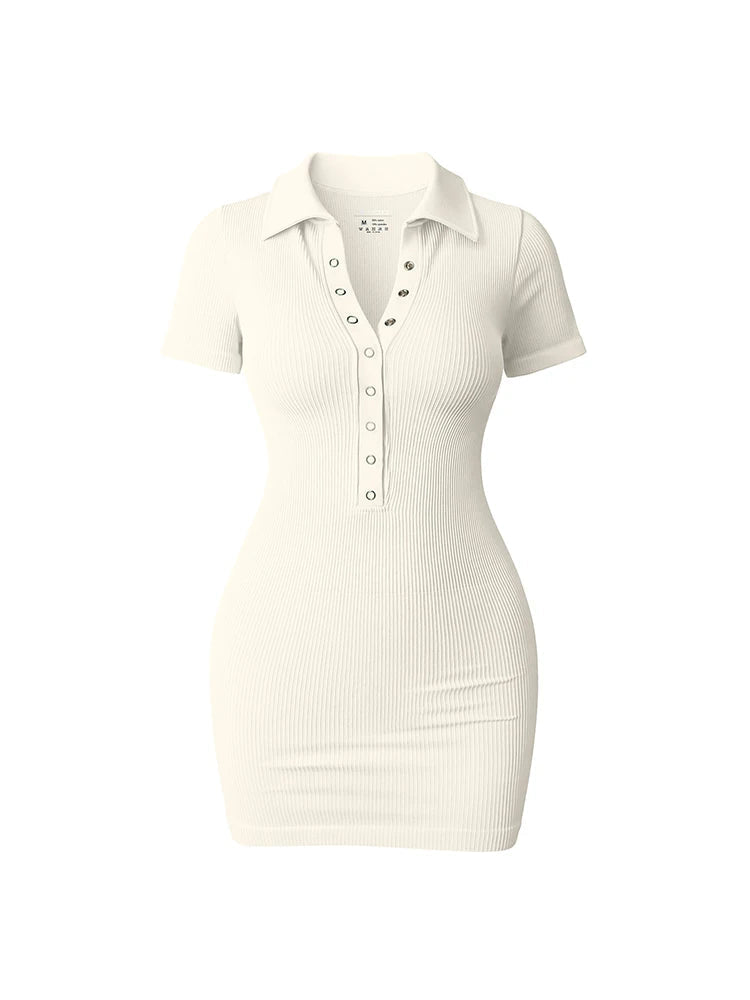 Voguable  Short Sleeve Slit Sexy Mini Dress Elegant Fashion Ribbed V-Neck Dresses For Women Cute Solid Color Summer Dresses voguable
