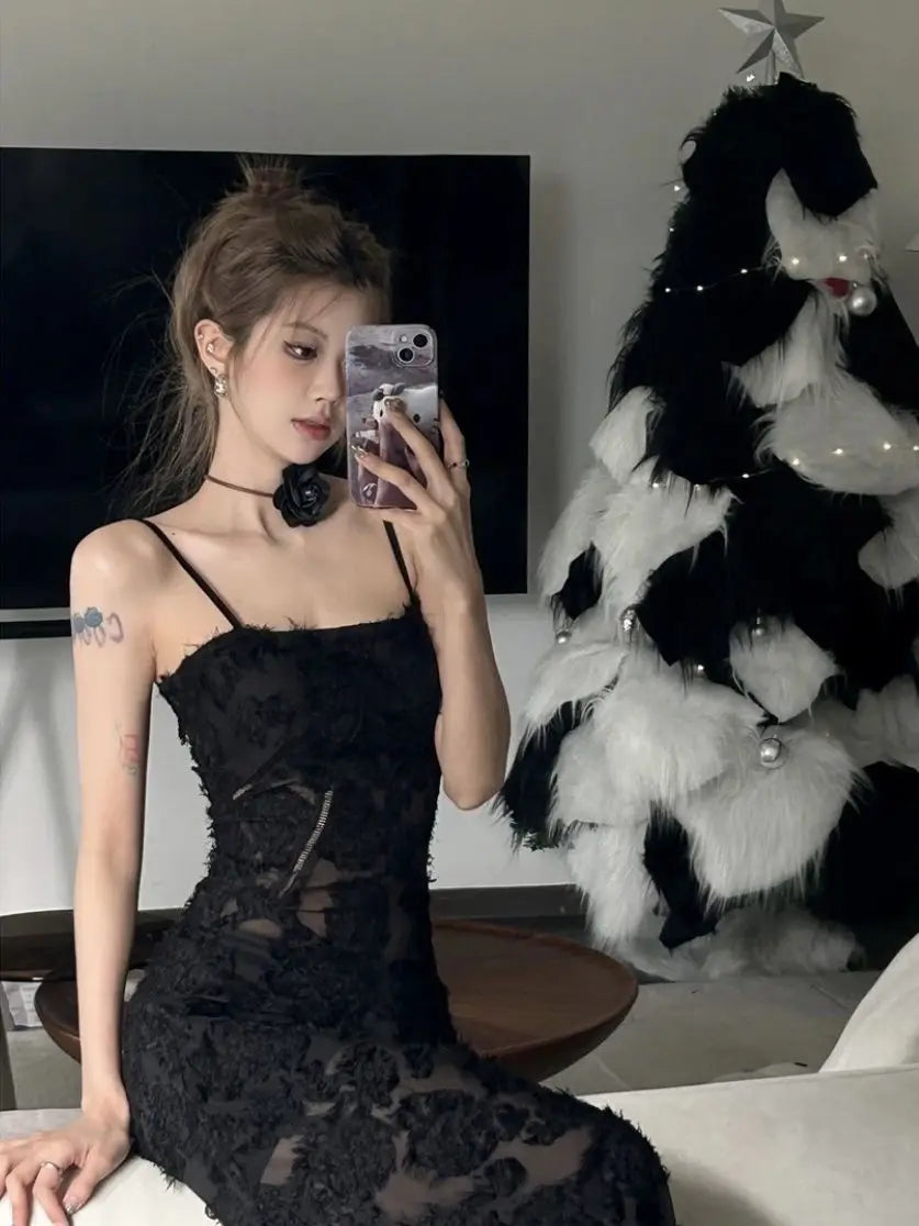 Voguable Black Sexy Party Midi Dress Women Summer See-through Strap Y2k Dress Female Lace Chic Korean Fashion Slim Vintage Dress 2024 New voguable
