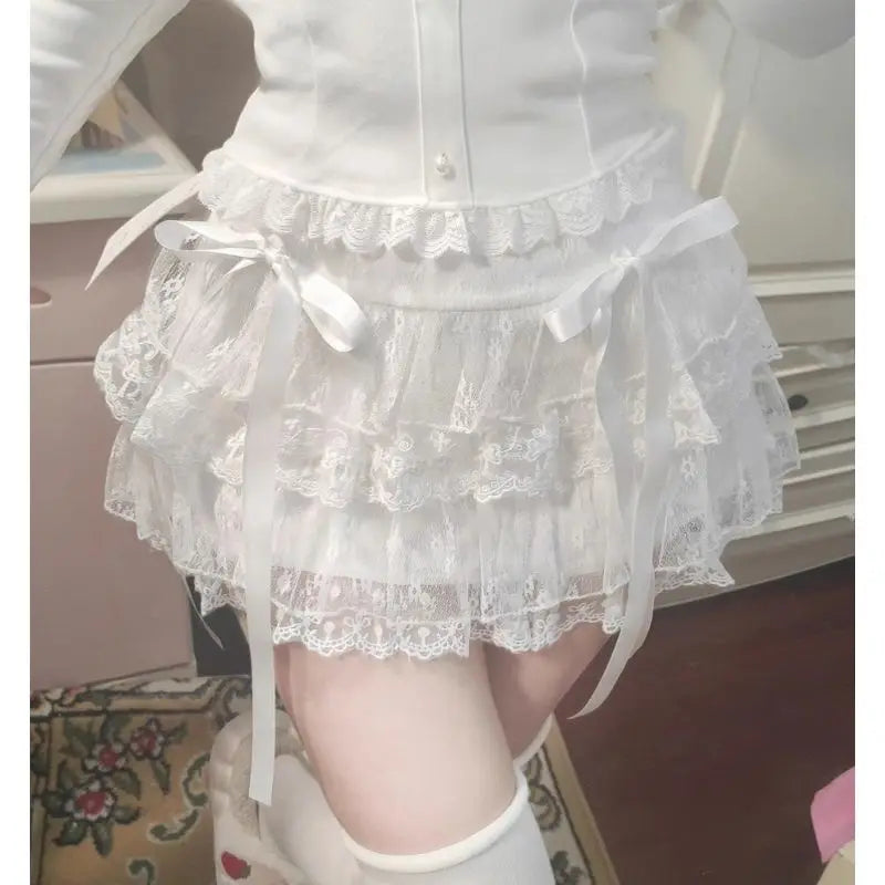 Sweet Kawaii Skirts Women Lolita Coquette Lace Bow Patchwork Mini Skirt White High Waist Cute Summer A-line Short Skirt voguable