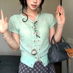 Voguable  Mint Green Sheer Knit Cardigan Women Summer Thin Breathable Short Sleeve Crop Top Woman Y2K Slim Fit Hollow Out Knitted T-Shirt voguable